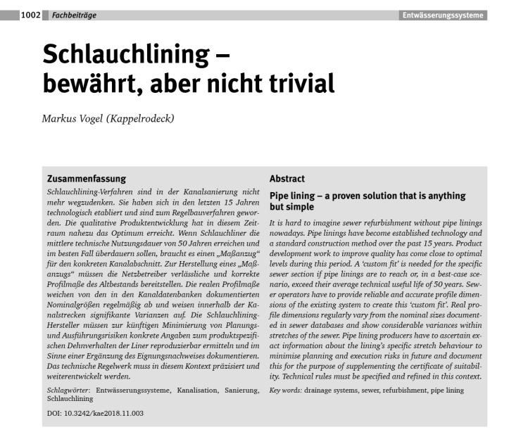 Schlauchlining bewährt aber nicht trivial ­ DWA-KA 11/20018 - 